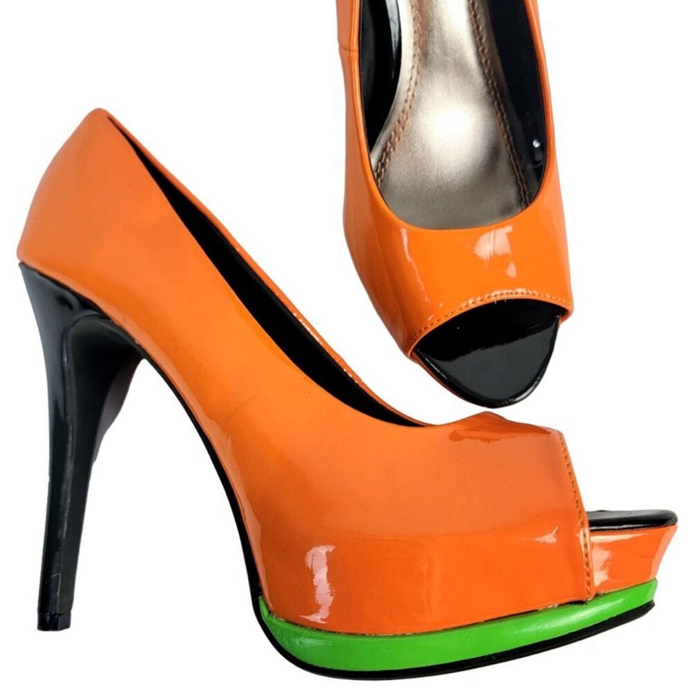 Retro Neon Colorblock Platform Pumps Women 8 Orange High Heels Formal Shoes Fun